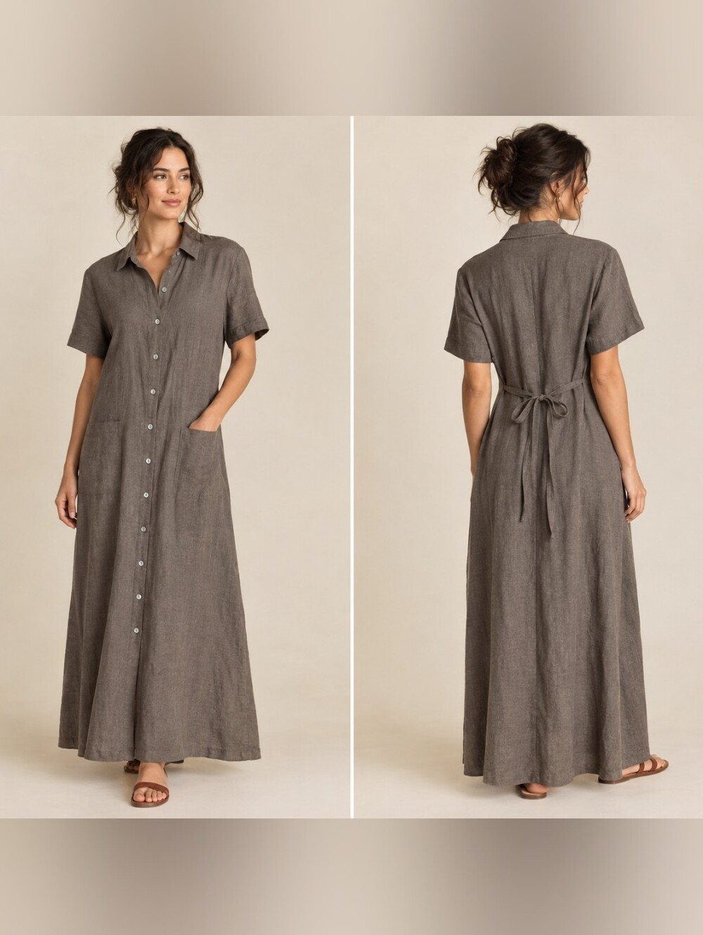 Nordstrom Linen Maxi Dress 12 Taupe Button Front Shirt Dress Pockets Coastal